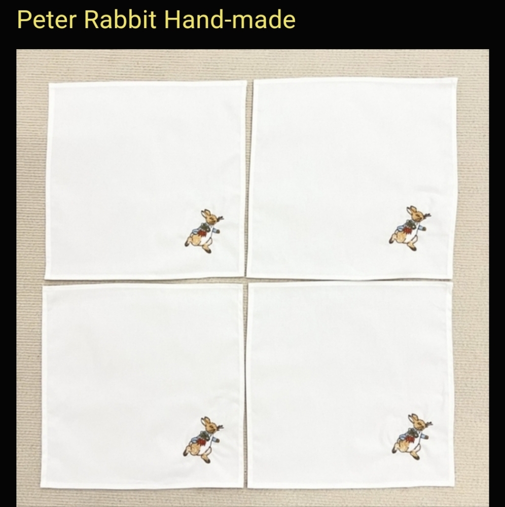 New 4 Set Beatrix Potter Hand-made Embroidered Napkins spring peter Cott…